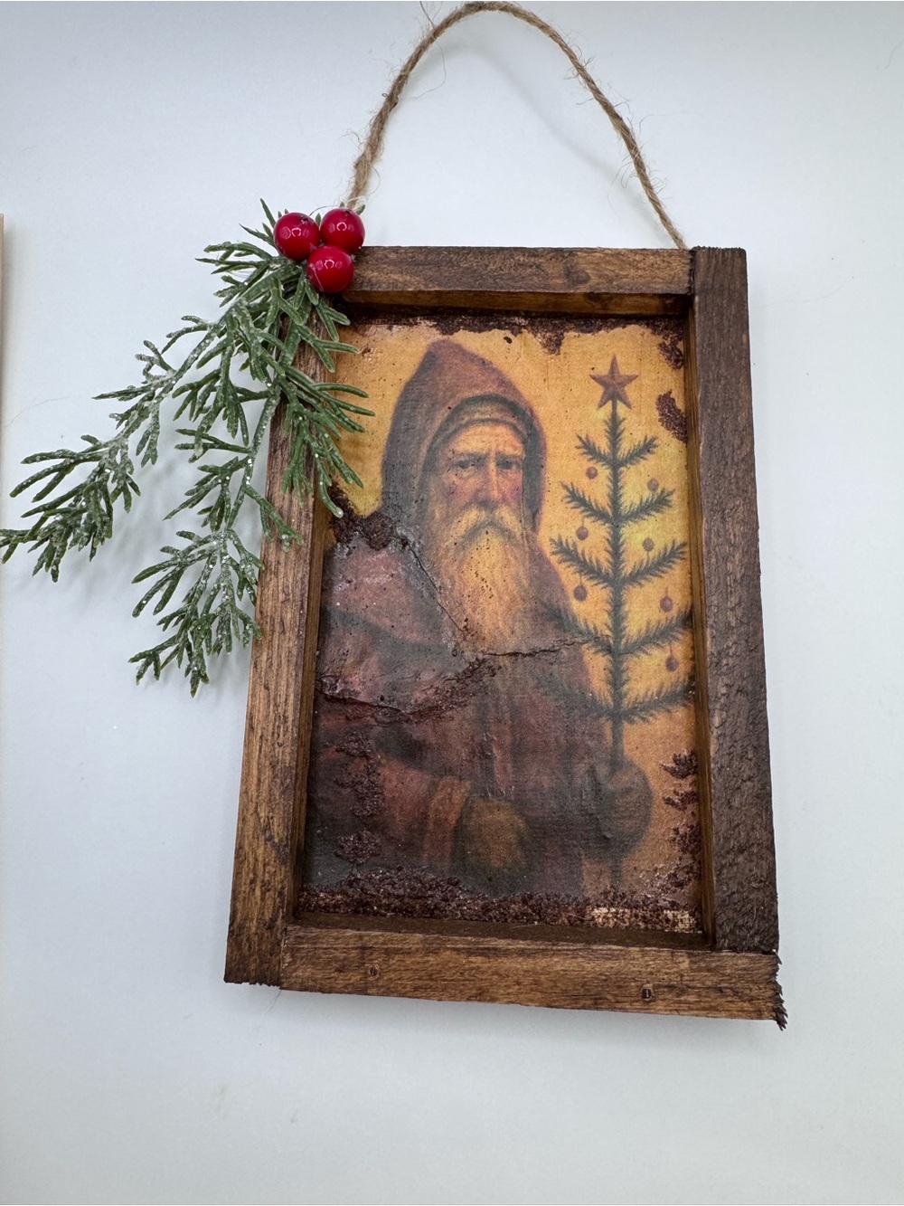 New OOAK Small Primitive Americana Santa Hanging Decor Christmas Ornament